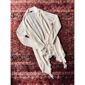 Off-white asymmetrical fringe knit open sweater